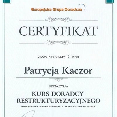 certyfikat Patrycja Kaczor